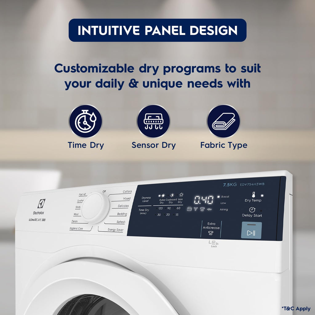 Electrolux 7.5KG Fully Automatic Vented Clothes Dryer Machine, Reverse Tumbling, Smart Sensors, Colour Care, Drying Only EDV754H3WB