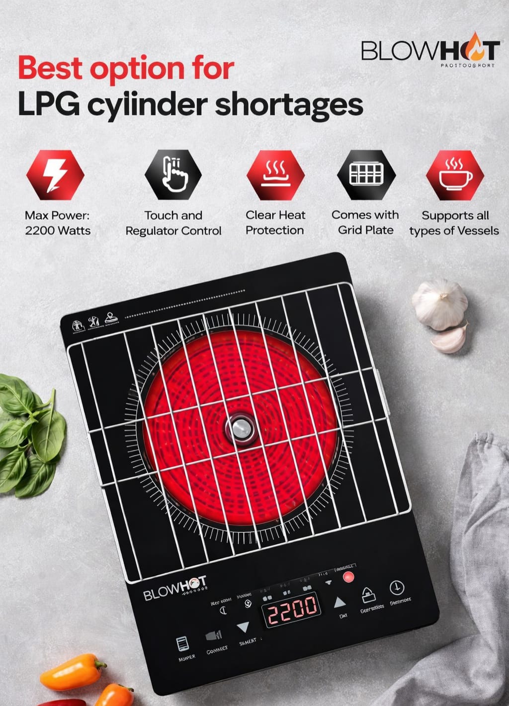 Blowhot Azzure Induction Cooktop – 2000W Smart Smokeless Cooking