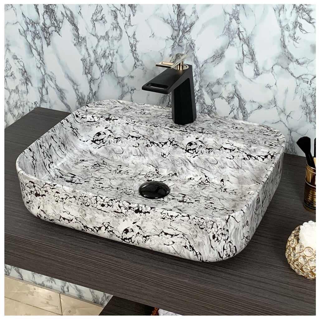 Toyo 456 White & Black Marble Glossy Wash Basin